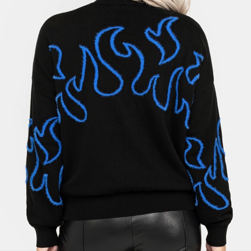 Disturbia Flame Sweater,Goth Sweater, Black Flame Sweater, Blue Flame - Picture 6 of 9